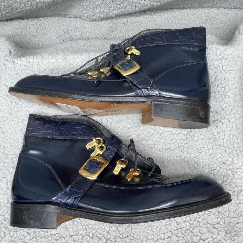 David Eden Alba Boots Mens Size 8.5 Blue Crocodile‎ Buckle Strap Chukka Italy